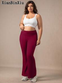 XianBinXiu 1pc Plus Size Navy Blue Flare Yoga Pants, High Waist Slimming Casual Yoga Trousers With Pockets, Knit Fabric, Elastic & Comfortable, Suitable For Daily Casual Wear And Yoga, All Seasons, Moisture-Wicking Stretchy Leggings, Low-Impact Yoga Pilates Ballet Studio Casual Wear, Spring/Summer - Burgundy - View 4