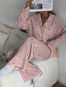 Nina Bonheur 两件套女士宽松舒适透气长袖上衣和长裤睡衣套装，可爱家居服 - 粉色 - 查看 4