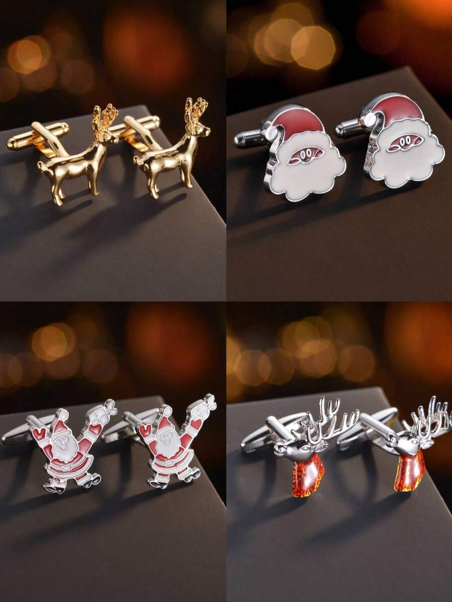 1 Pair Gold Copper Deer Cufflinks, Unisex Christmas Santa Cufflinks, Christmas Gift Fashion Accessory - Multicolor - View 1