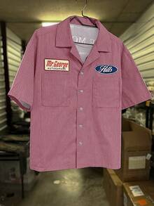 男士休闲条纹标语印花短袖衬衫，夏季 - 粉色 - 查看 3