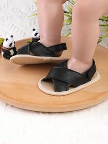 1双幼儿男童时尚百搭英伦风魔术贴凉鞋/拖鞋，适合0-1岁男婴学步鞋、婴儿鞋，春夏款 - 黑色 - 查看 4