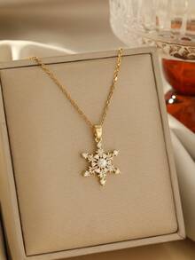 1pc Fashionable High-End Versatile Cubic Zirconia Embedded Minimalist Snowflake Pendant Necklace, Elegant Women's Necklace Decoration Gift, Exquisite Pendant Necklace, Copper Women's Pendant Necklace, Especially Suitable For Christmas - Yellow Gold - View 6