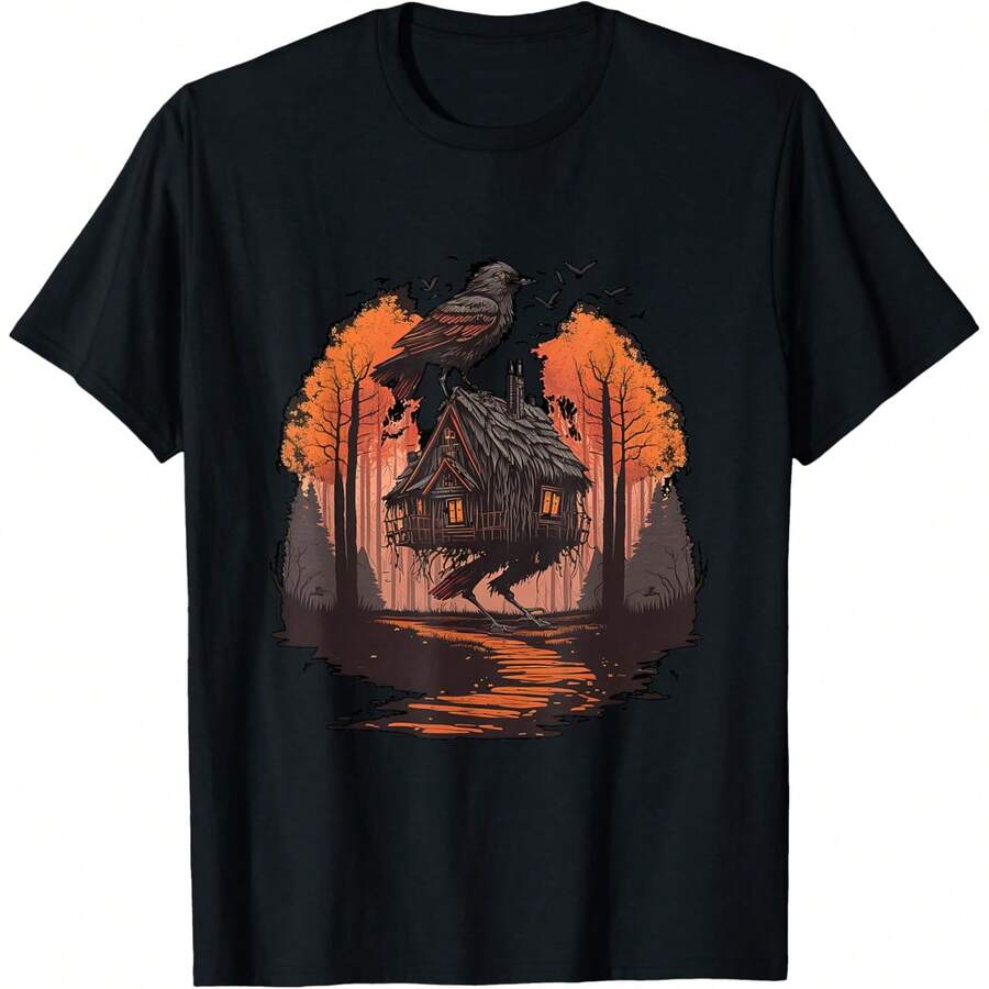 Walking House On Chicken Legs Slavic  Baba Yaga Art T-Shirt - màu đen - Xem 1