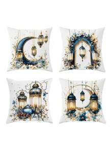 4pcs Modern Geometric Floral Pattern Throw Pillow Covers - Soft Velvet Material, Blue And White, 17.7x17.7 Inches, Zippered, Suitable For Living Room And Bedroom Decor - Pillow Inserts Not Included - Blue - View 2