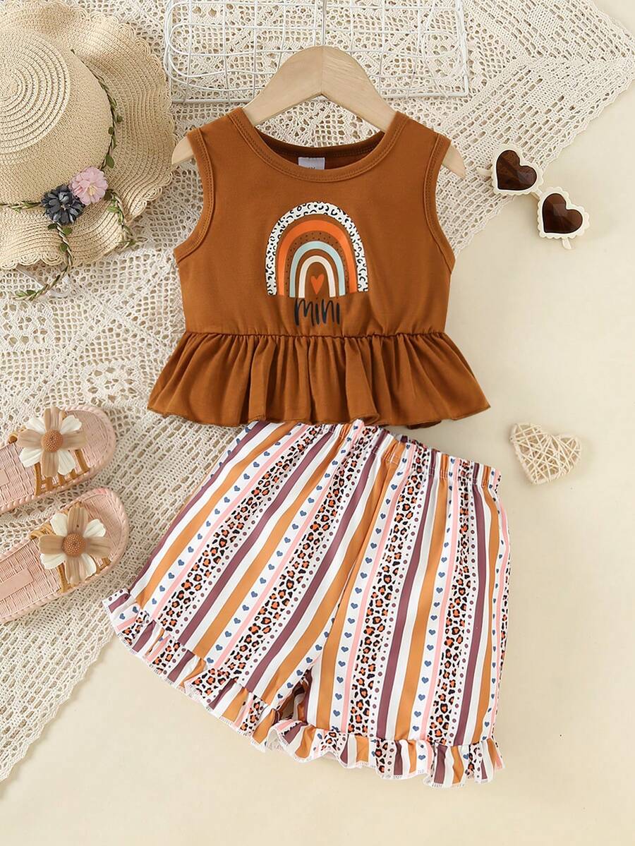 2pcs Young Girl Ruffle Trim Rainbow Print Top And Striped Print Ruffle Trim Shorts Set, Summer - Brown - View 1