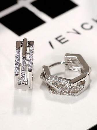 1pair Chic Luxury Cubic Zirconia Line Design Hoop Earrings, Elegant Geometric Copper Jewelry Accessories For Women, Suitable For Casual Outings And Dates