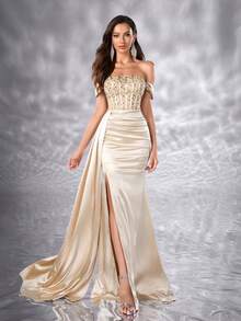 Elegant Women's Open Shoulder Satin Long Formal Dress, Thigh-High Slit, Sequin Decor, Sleeveless Party Dress Wedding Spring - Champagne - View 4