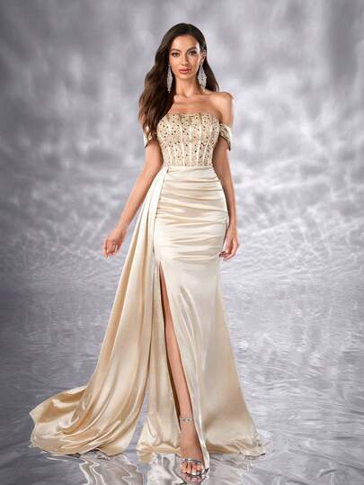 YISIKADO Elegant Women's Off-Shoulder Satin Long Formal Dress, Thigh-High Slit, Sequin Decor, Sleeveless Party Dress