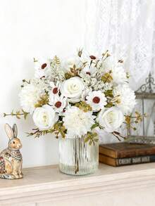 1/80pcs Artificial Rose Bouquet, Embroidered Flower Ball, Peony Mixed Flower, Bridal Bouquet, Wedding Decor, DIY Wreath Material, Birthday Party Decor, Home Dining, Living Room, Vase, Outdoor Garden, Spring Home Decor - White 1 - View 4