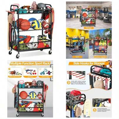 Ball Storage Sports Equipment Organizer - Garage Storage Cart Rolling Ball Storage Rack With Hooks Wheels Outdoor Indoor Gym Gear Holder Bin Basketball Baseball Soccer