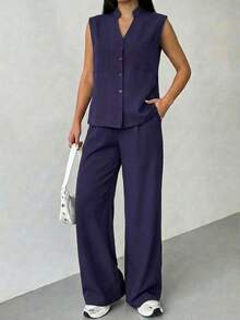 A&DD MODA,REF:Y287 - Women's Solid Color Two-Piece Set, Consisting Of A Sleeveless Vest And Loose-Fitting Trousers, With Upper Body Pockets And Elastic Waistband, Suitable For Daily Outings - 藏蓝色 - 查看 3