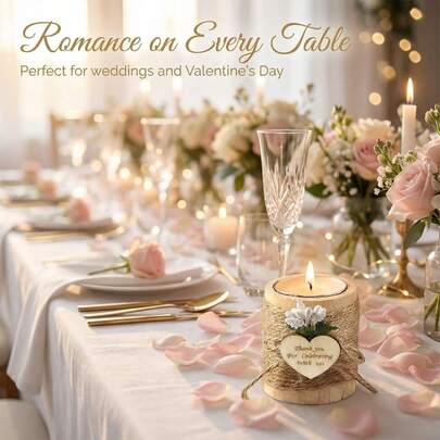 情人节、生日节日烛台，带包装盒，适用于商业空间装饰。树桩烛台配有心形木质底座，并辅以麻绳花朵装饰。可放置蜡烛营造温馨氛围，适合生日派对桌面装饰、毕业季纪念活动装饰以及节日烛台。