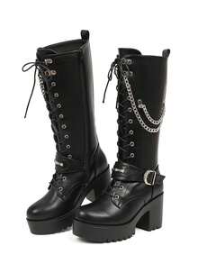 Women's Y2K Goth Platform Knee High Boots Chunky High Heels Buckle Chain Side Zipper Lace Up Black Fashion Punk Cosplay Combat Boots - màu đen - Xem 9