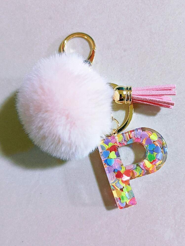 1 件字母首字母钥匙扣可爱毛绒绒球钥匙链环包背包饰品汽车挂件女士女孩礼物，可爱亮片树脂钥匙扣，钱包和手提包配件，带流苏的钥匙扣，字母首字母 A-Y 学校 - 粉色 - 查看 26
