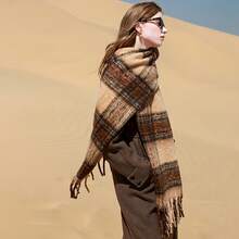 Women's Elegant Scarf - Thickened Winter Neck Wrap, Coffee Brown With Beige/Black Embellishments, Non-Elastic Soft Fabric Suitable Cold Weather, Formal And Everyday Wear - Luxurious Fashion Accessory, Luxurious Scarf, Classic Design, Fuzzy Texture, Fashion Wrap, Must-Have Trendsetters - 咖啡色 - 查看 8