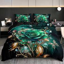 3pcs Gemstone Texture Green Rose Theme Duvet Cover Set, "Gemstone Green Rose", Integrating Emerald, Crystal, Metallic Luster And Other Luxurious Elements, Presenting A Jewelry-Embedded Stereoscopic Texture, (1 Duvet Cover + 2 Pillowcases, No Insert), Suitable For Bedroom And Guest Room Bedding Decor - Green - View 10