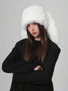 1pc Women's Spring Cute Cartoon Rabbit Ear Decoration Casual Soft Long Fur Warm Hat, Suitable Daily Wear, - 純色 - 查看 3