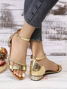 Women's Elegant Casual Sexy Bohemian High Heel Sandals With Strap Diagonal Woven Decor, Solid Color, Suitable For Vacation And Outdoor Wear In Summer - Gold - View 9