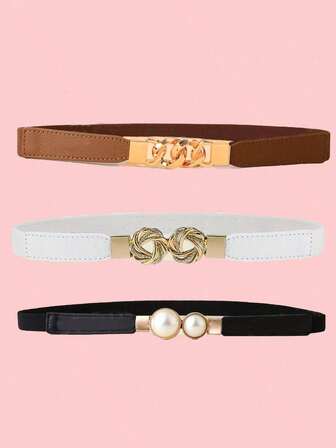 3pcs/2pcs/1pc Women Elastic Skinny Waist Belt, Pearl Buckle Skinny Belt, Bow Tie Elastic Waist Belt, Fashion Versatile Dress Sweater Jacket Waist Belt, Women Alloy Buckle Waist Belt