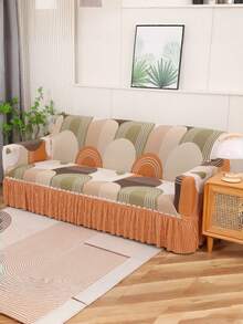 1pc Geometric Pattern Sofa Cover With Skirt Elasticity, Fully Wrapped Polyester Fiber Sofa Cover, Knitted Milk Silk, Suitable For All Seasons - Mauve Purple - View 1