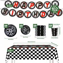 1 Set Black & White Checkered Racing Tire Birthday Party Disposable Plates, Napkins, Cups, Tablecloth And Flags, Serves 25 Guests, Suitable For Birthday, Wedding, Theme Party, Family Picnic - Multicolor - View 2