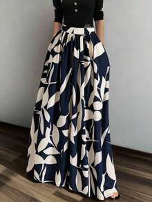 Falda de cintura alta con diseño suelto y estampado de tinta único, favorecedora, para mujer, de EARO - Azul oscuro - Ver 2