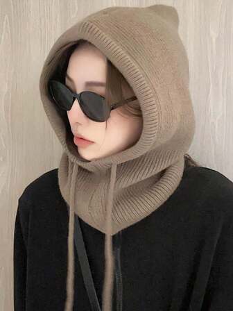 1pc Women's Red Drawstring Faux Collar Balaclava Wool Hat, Outdoor Ski Warm Knitted Face & Neck Protective Hooded Cape, Suitable For Winter Cold Protection, Christmas Gift