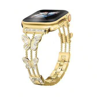 1pc Women Crystal-Embedded Butterfly Design Watch Band,Fashion Metal Bracelet Wrist Strap For 38mm 40mm 41mm 42mm 44mm 45mm 46mm 49mm Luxury Silver Stainless Steel Watchband