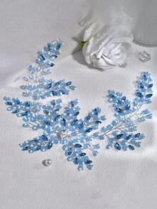 1pc Luxury Sparkling Blue Crystal Bridal Headband, Handmade Beaded Hair Accessory Fashion Hair Band - Multicolor - View 5