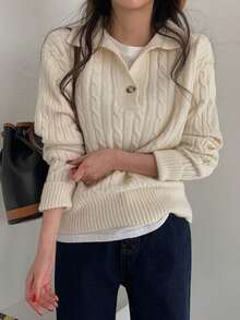 Women's Solid Color Elegant Polo Neck Long Sleeve Cable Knit Loose Casual Sweater Top, Autumn/Winter - Apricot - View 2