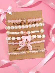1 Set Sweet Cute Pink Series Dopamine Love Heart Bow Layered Elastic Bracelet Set (No Card), European And American Cross-Border INS Style - Bow Bracelet Set - View 1