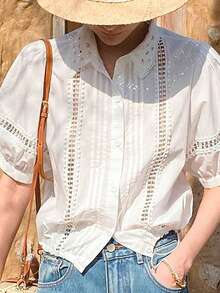 Women's Spring/Summer Apparel, Solid Color Front Open Hollow Lace Patchwork Blouse, Elegant Ladies Shirt, Lace Collar Patchwork Lantern Sleeve Shirt, White Short Sleeve Shirt, Women's Outgoing Holiday Wear, Cute Blouse - White - View 15