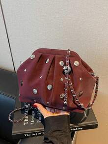 铆钉设计单肩包，纹理通勤手拿包，时尚百搭链条斜挎包，手机袋 - 酒紅色 - 查看 6