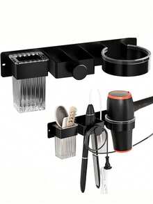 Soporte de pared 3 en 1 para secador de pelo y rizador, organizador sin taladro para plancha de baño, estantería ahorradora de espacio para almacenamiento de herramientas para el cabello, accesorios de baño - Negro - Ver 6