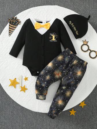 3er Set Baby Jungen Lässig Chic Outfit: Weißer Rundhals Patchwork Schwarz Langarm Bodysuit, Hose mit Feuerwerk Allover-Muster, Schwarze Mütze, geeignet für Frühling/Herbst
