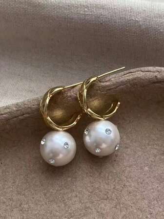 Vintage French Style Water Drop Pearl & Rhinestone Earrings, Copper Plated Gold Rhombus Earrings, Elegant & Versatile Minimalist Earrings