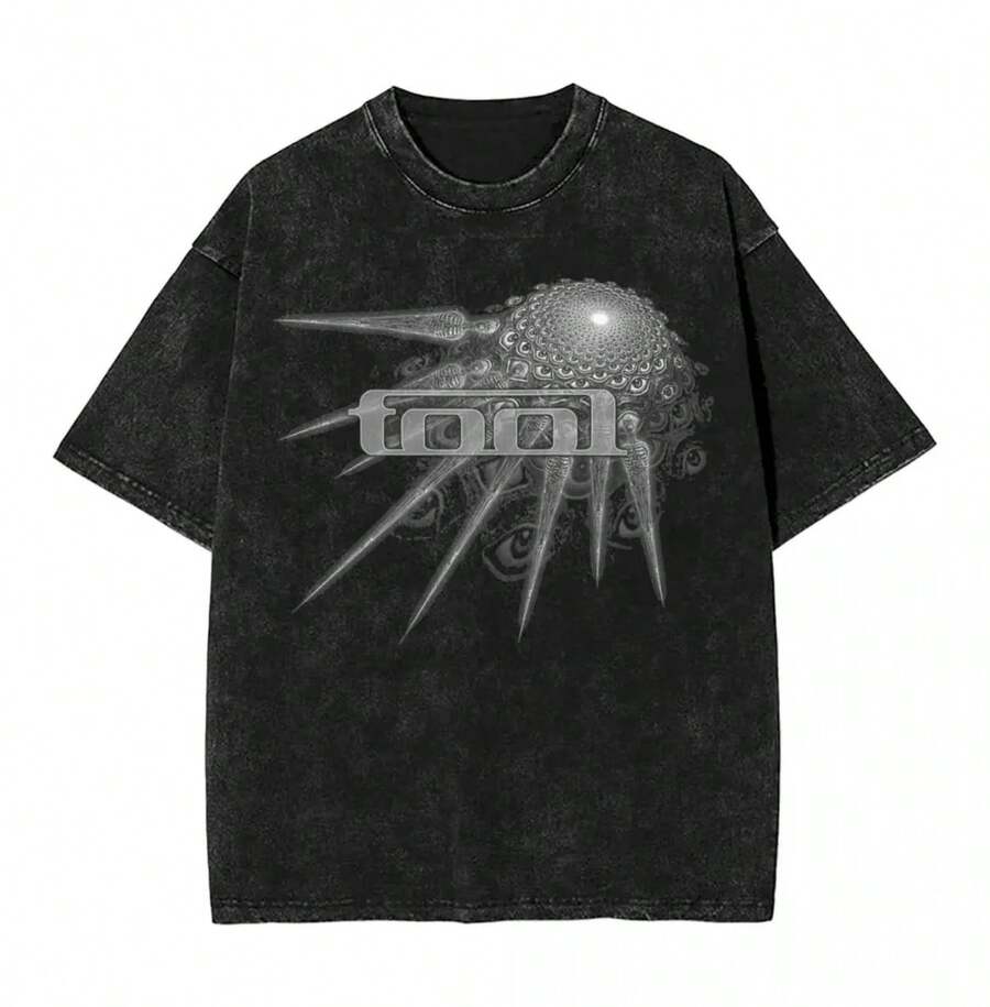 Washed T Shirts Tool Logo Hip Hop Retro T-Shirts Oversize Streetwear 100% Cotton Summer Tops Tee Shirt For Men Women - 黑色 - 查看 1