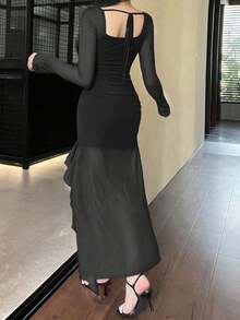 女士优雅休闲荷叶边下摆长袖网眼连衣裙，适合秋季、音乐会、圣诞节、外出、婚礼宾客、俱乐部和仙女风格造型