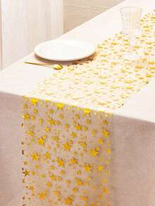 1pc Foil Print Golden Star Table Runner, Sparkly Stars Ramadan Tablecloth For Dining, Wedding, Party Decor, Festive Holiday Valentine's Day Dinner Table Cover, Eid Mubarak.