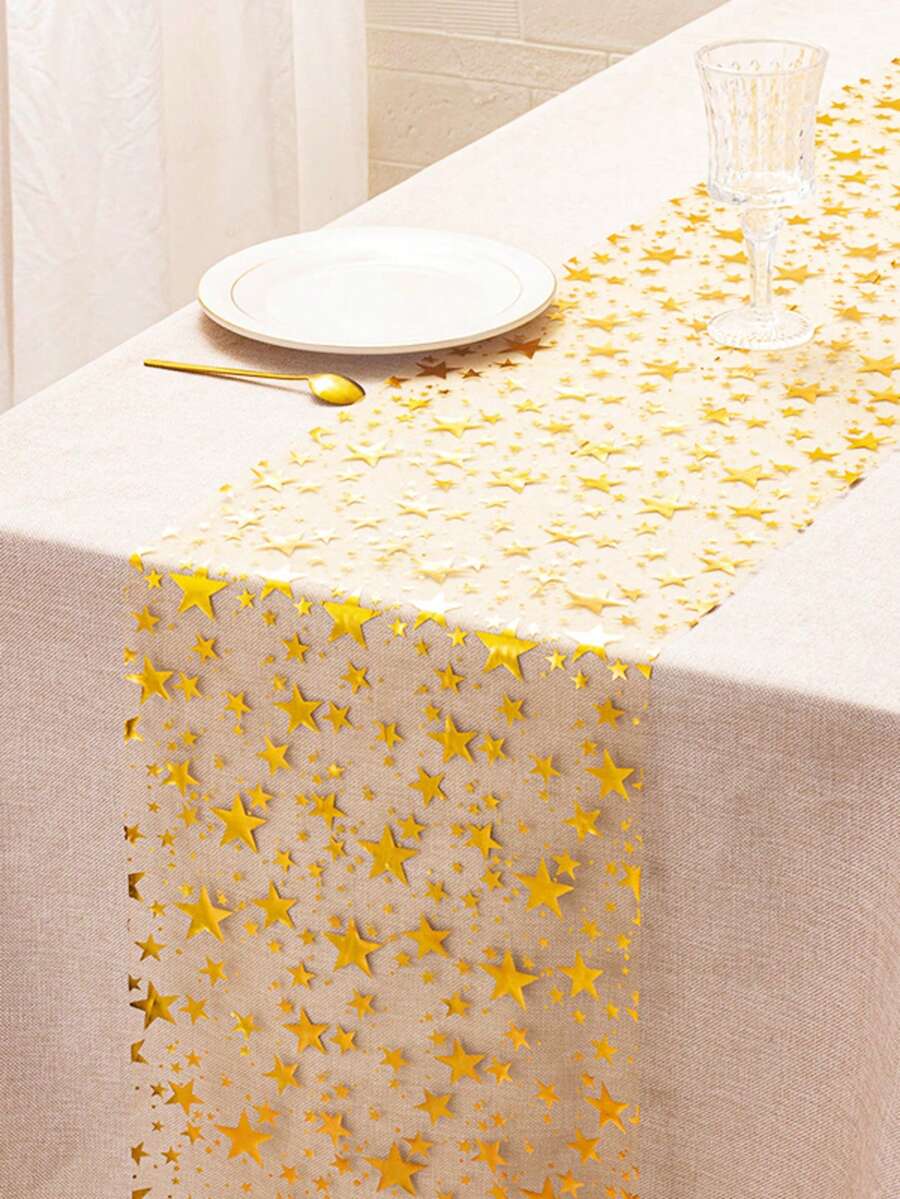 1pc Foil Print Golden Star Table Runner, Sparkly Stars Ramadan Tablecloth For Dining, Wedding, Party Decor, Festive Holiday Valentine's Day Dinner Table Cover, Eid Mubarak.