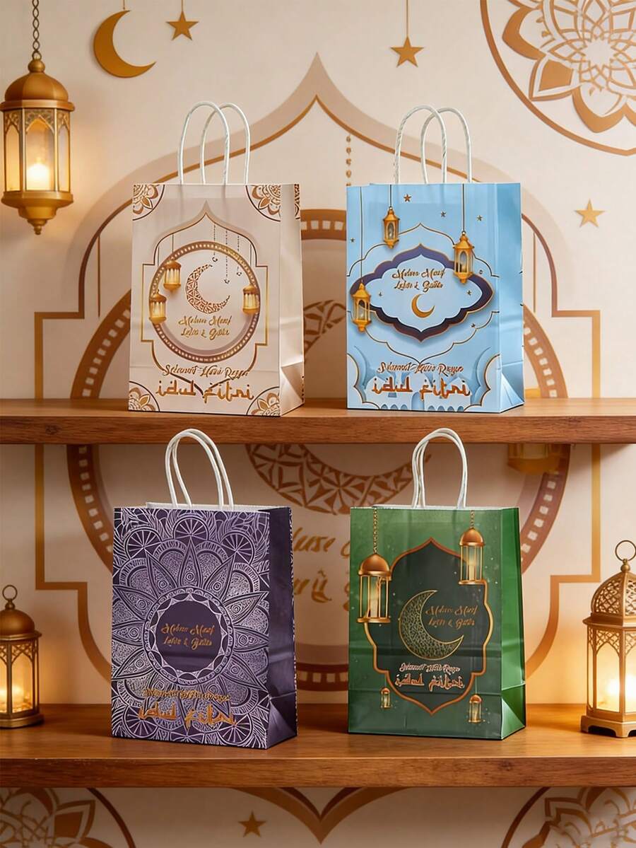 12个斋月主题纸质礼品袋套装（4种独特混色：米色、浅蓝色、紫色、绿色） - 精致的礼品袋饰有新月图案、灯笼装饰和优雅设计，并印有节日标语。采用耐用纸质材料制成，配有结实的绳索提手。 - 彩色 - 查看 1