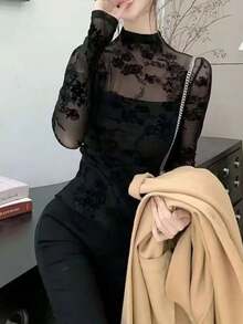 Francés picante chica sexy hueco diseño medio cuello alto encaje bottoming camisa otoño e invierno nuevo Slim blusa delgada blusas elegantes dama - Negro - Ver 3