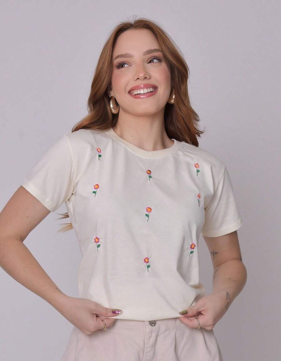 Embroidered T-Shirt For Women, 100% Premium Cotton, High Quality, Embroidered, Beach, Night, Holiday, Vacation, Home, Diary, Dating - 小花 - 查看 1