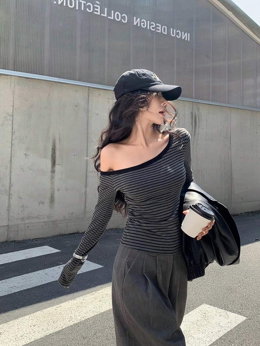 Striped Asymmetrical Shoulder One-Shoulder Long Sleeve Slim Fit Blouse For Women, Spring/Summer - Grey - View 1