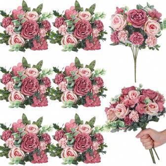 Konstgjord pionbukett - UV-resistenta konstgjorda pioner, finns i mjuka rosa, beige, vita, lavendel- och persikotoner. Realistiska blomsterarrangemang lämpliga för bröllop, hem, trädgård, bordsdekorationer lämpliga för alla årstider, inomhus och utomhus, kräver inget underhåll perfekt för alla hjärtans dag, mors dag, examen och skördefester - hållbart plastmaterial, perfekt för blomsterdekorationer