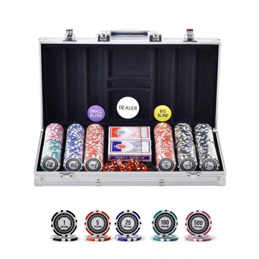 Deluxe 300-Piece Poker Chip Set With Aluminum Case - Includes 11.5g Casino Quality Chips, Playing Cards, Buttons & Dice For Texas Hold'em & Blackjack - Complete Gambling Game Kit - Nhiều màu - Xem 1