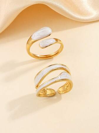 2pcs Stainless Steel Minimalist Golden Open Ring Set, Suitable For Women's Daily Wear Or Gift