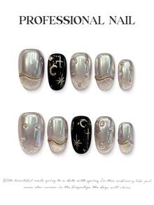 10pcs Iridescent Star Moon Glitter French Handmade Acrylic Press On Nails, With Metal Decorations & Rhinestones, Short Oval French Fake Nails, DIY Nail Art Supplies, Reusable, With Jelly Glue And Nail File, Suitable For Daily Wear, Valentine's Day Nail Art, Y2K Music Festival, Wedding Bridal Nails - Multicolor - View 4