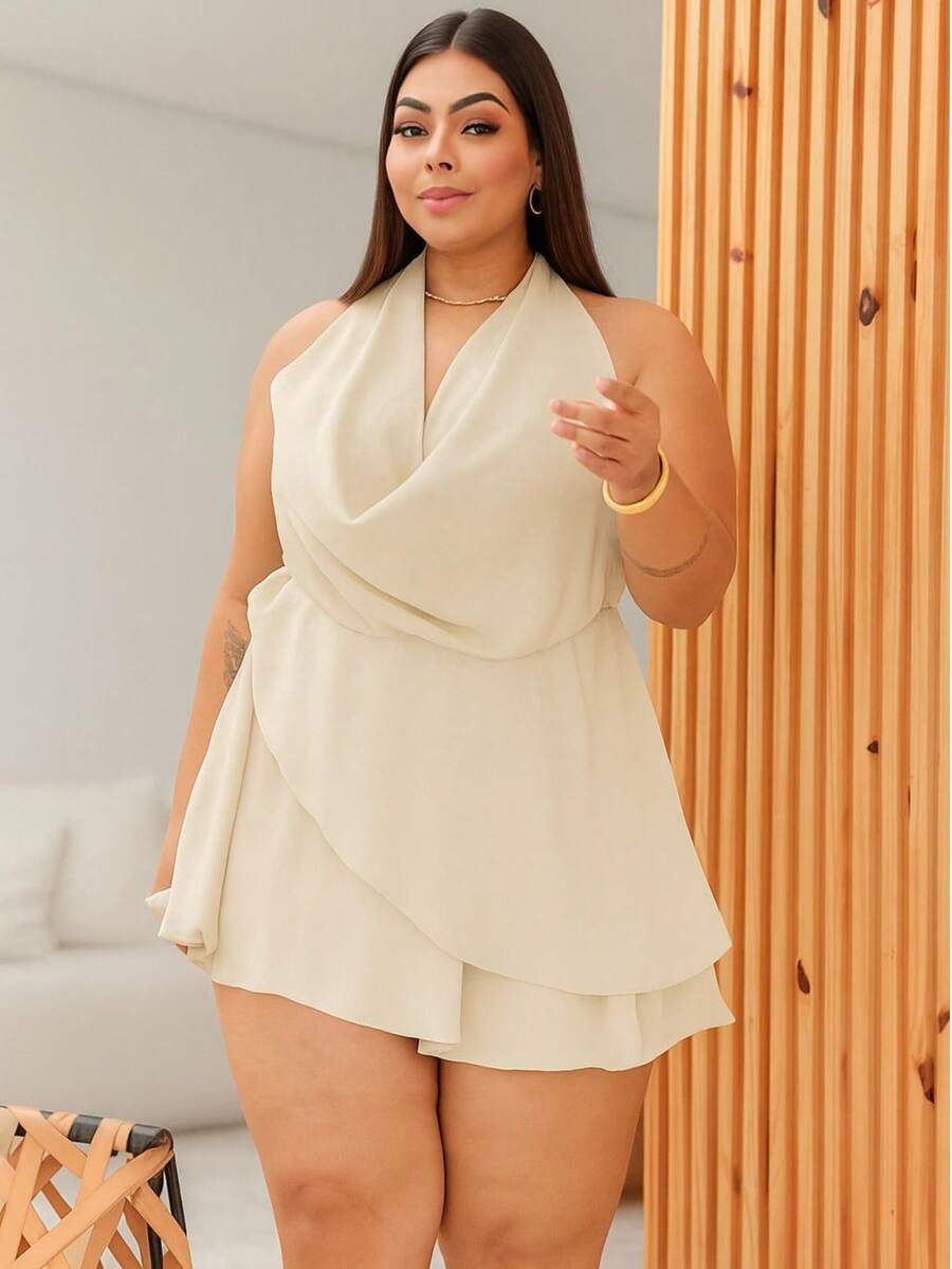 Plus Size Romper Dress With Shorts, Open Back, Cowl Neck,  Fashion. - Kem - Xem 1