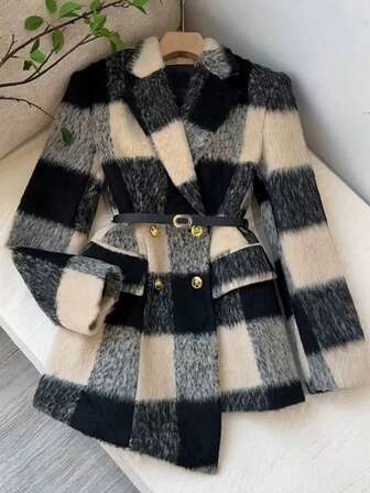 French Retro Fashion Commuting Slim Temperament Asymmetrical Hem Thickened Plaid Women's Autumn And Winter Double-Breasted Suit Jacket
